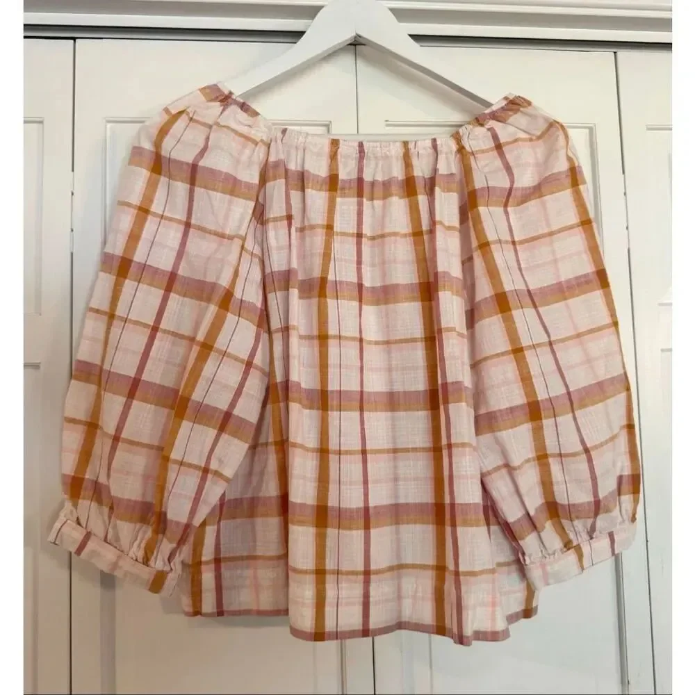 Loft puff sleeve gingham orange blouse M petite